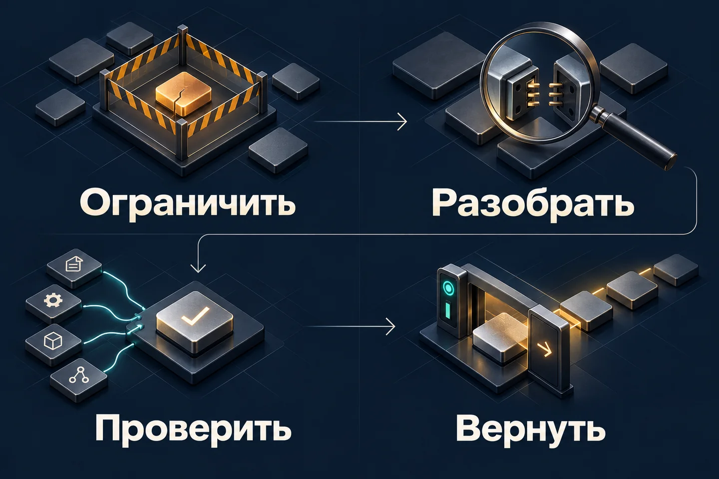 Четыре этапа восстановления: ограничить последствия, разобрать причину, проверить исправление и вернуть сценарий