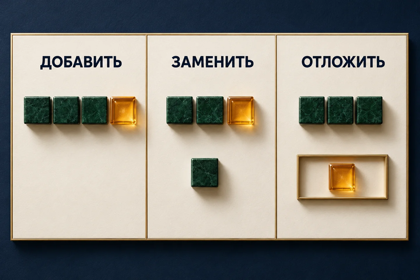 Три панели с подписями «Добавить», «Заменить», «Отложить»: янтарный модуль расширяет ряд зелёных блоков, заменяет один блок или остаётся отдельно
