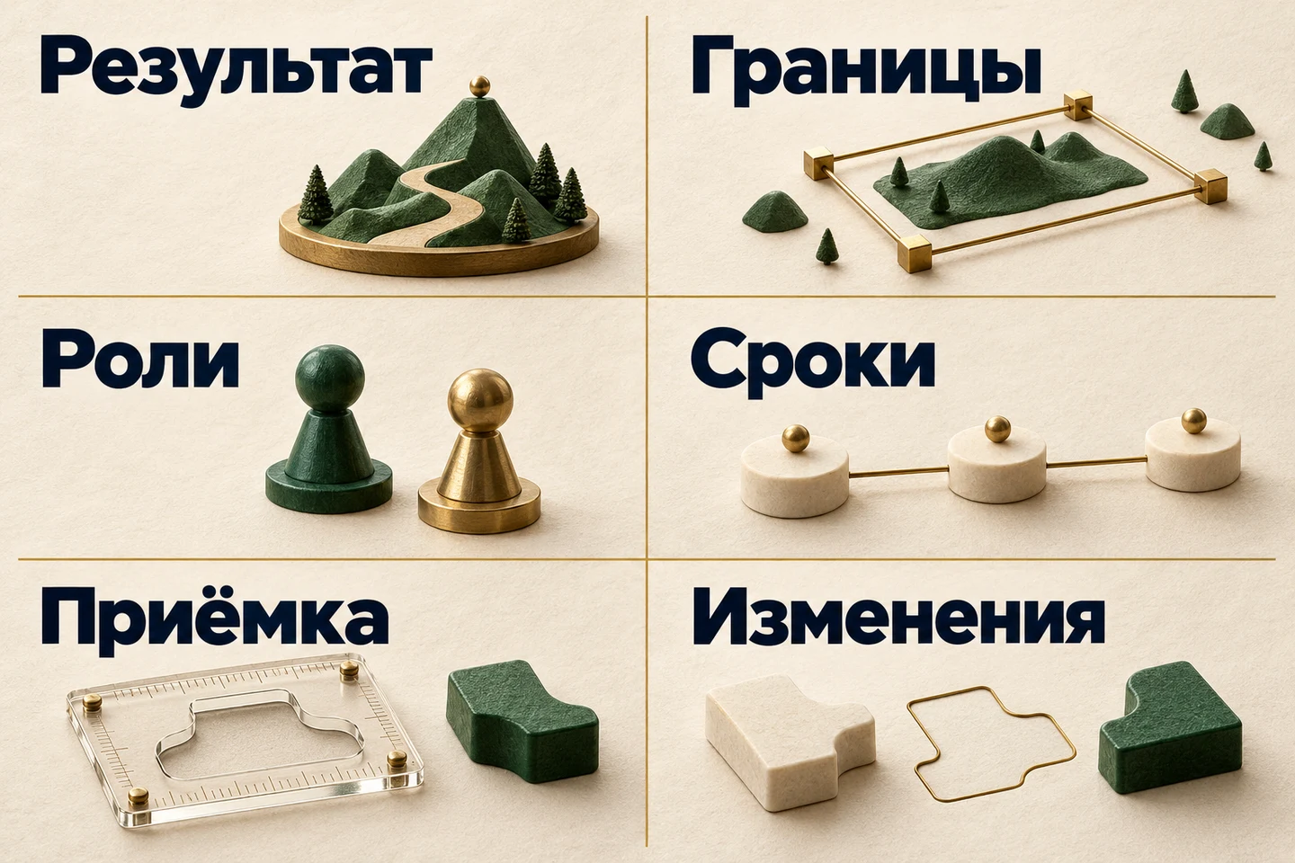 Планировочная доска из шести полей с подписями «Результат», «Границы», «Роли», «Сроки», «Приёмка», «Изменения» и предметными символами договорённостей