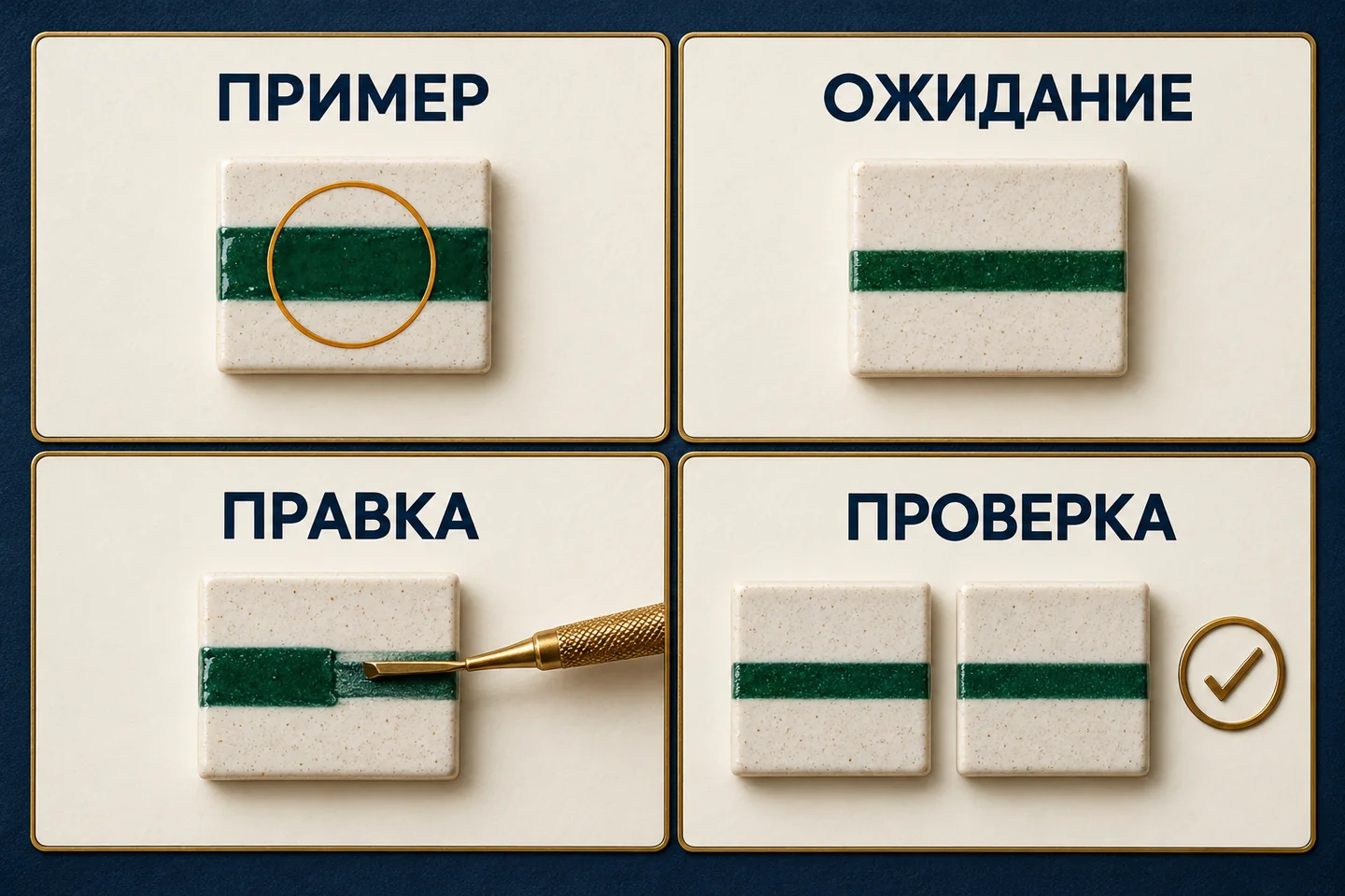 Четыре поля «Пример», «Ожидание», «Правка», «Проверка» с керамическими образцами: широкая зелёная полоса отмечена, затем сужена и сопоставлена с эталоном