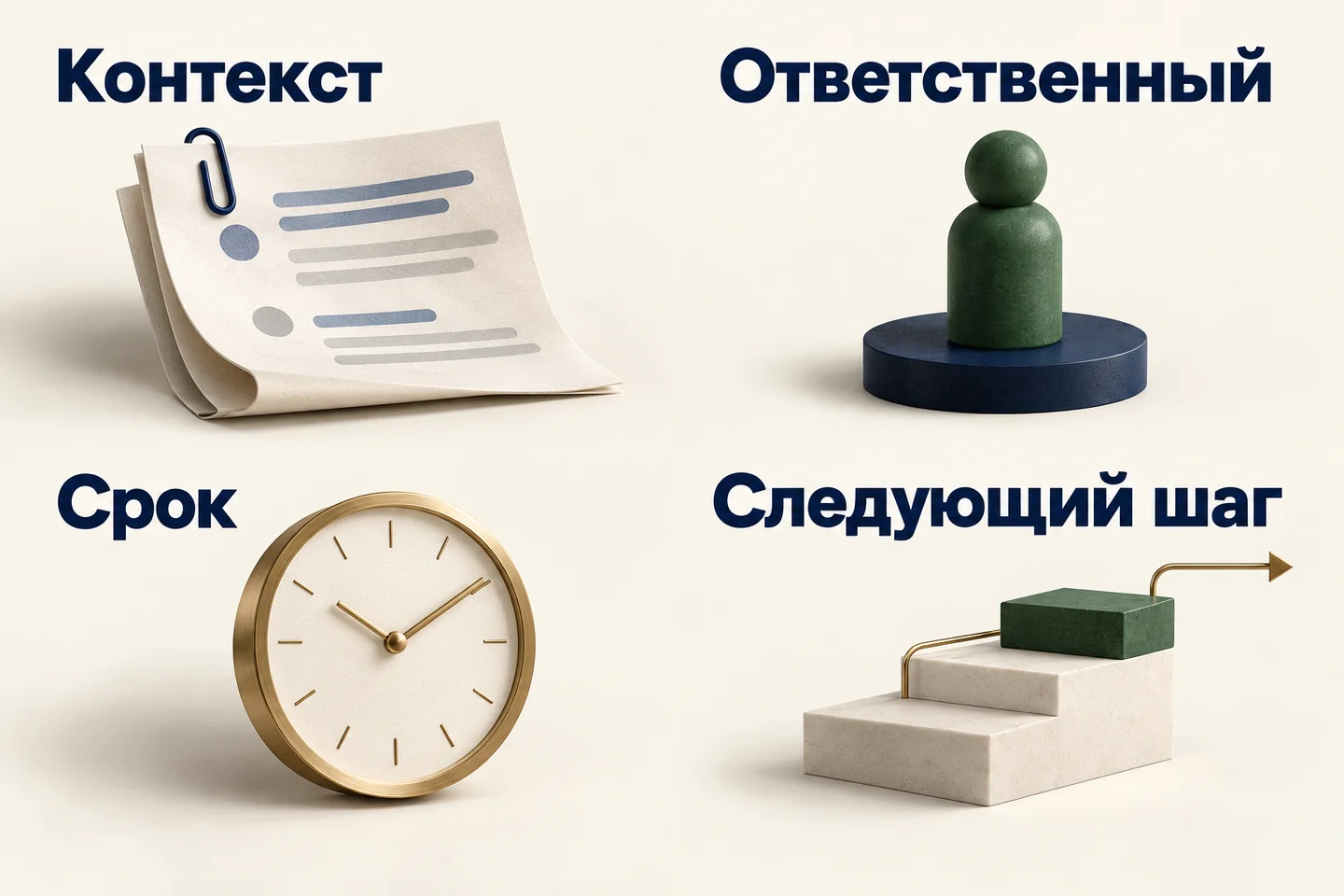 Четыре элемента передачи обращения: контекст, ответственный, срок и следующий шаг, показанные документом, зелёной фигурой, часами и ступенями