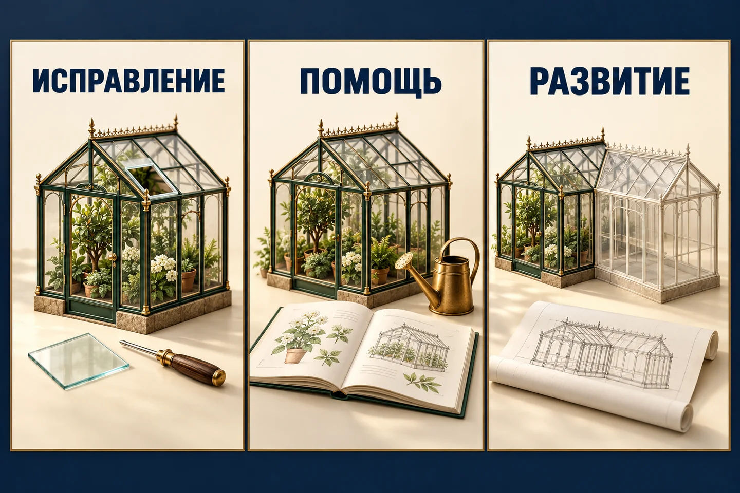 Три миниатюрные оранжереи показывают исправление, помощь в использовании и развитие системы; над сценами соответствующие подписи