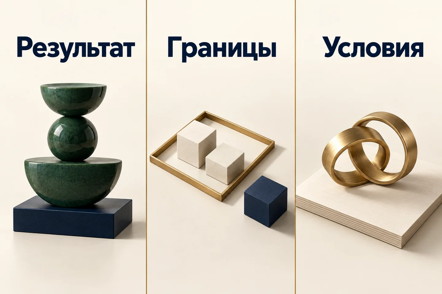 Три части понятного предложения: результат, границы и условия, показанные зелёной скульптурой, рамкой с блоками и соединёнными латунными кольцами
