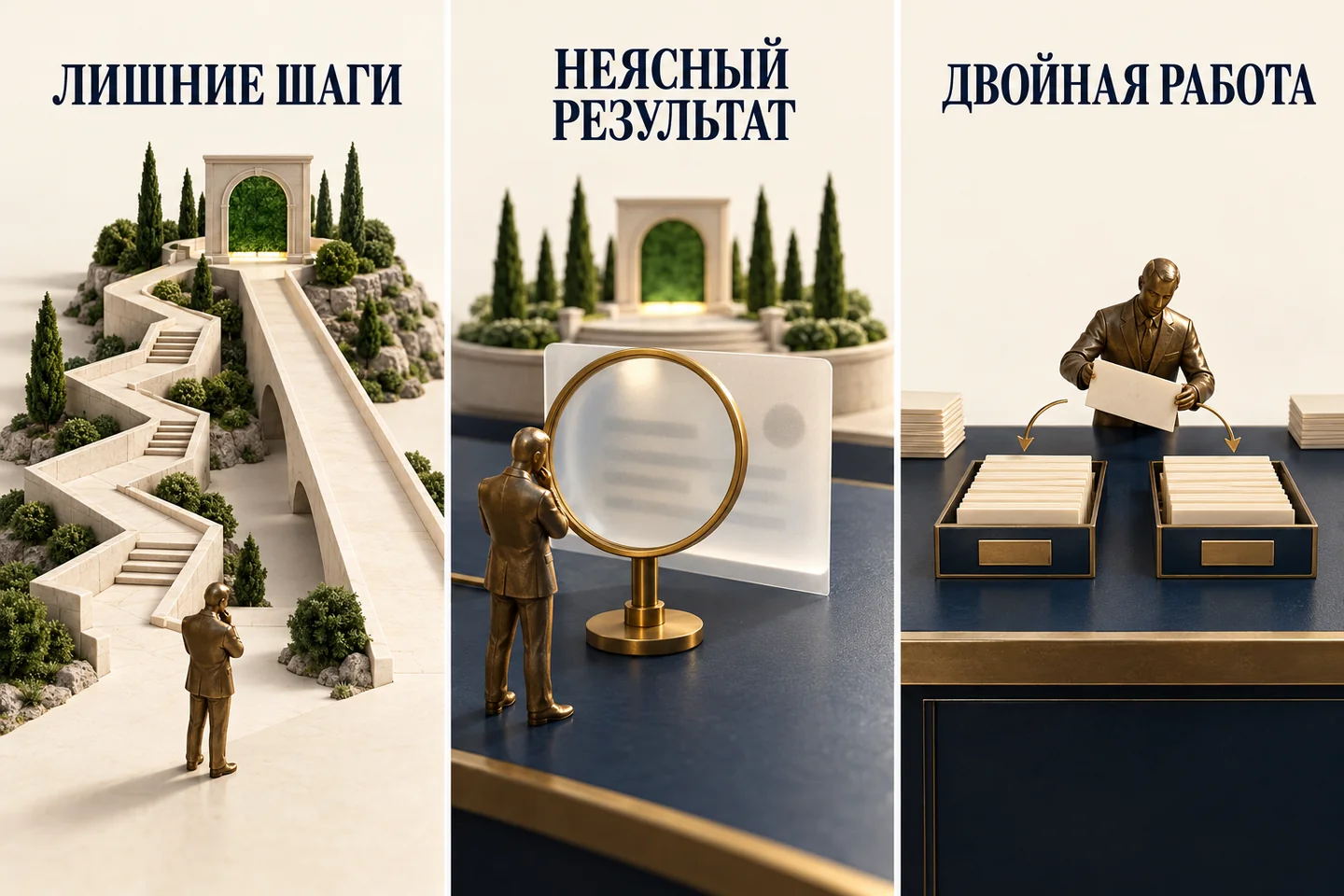 Три архитектурные миниатюры показывают лишние шаги, неясный результат и двойную работу как возможные причины отказа от инструмента