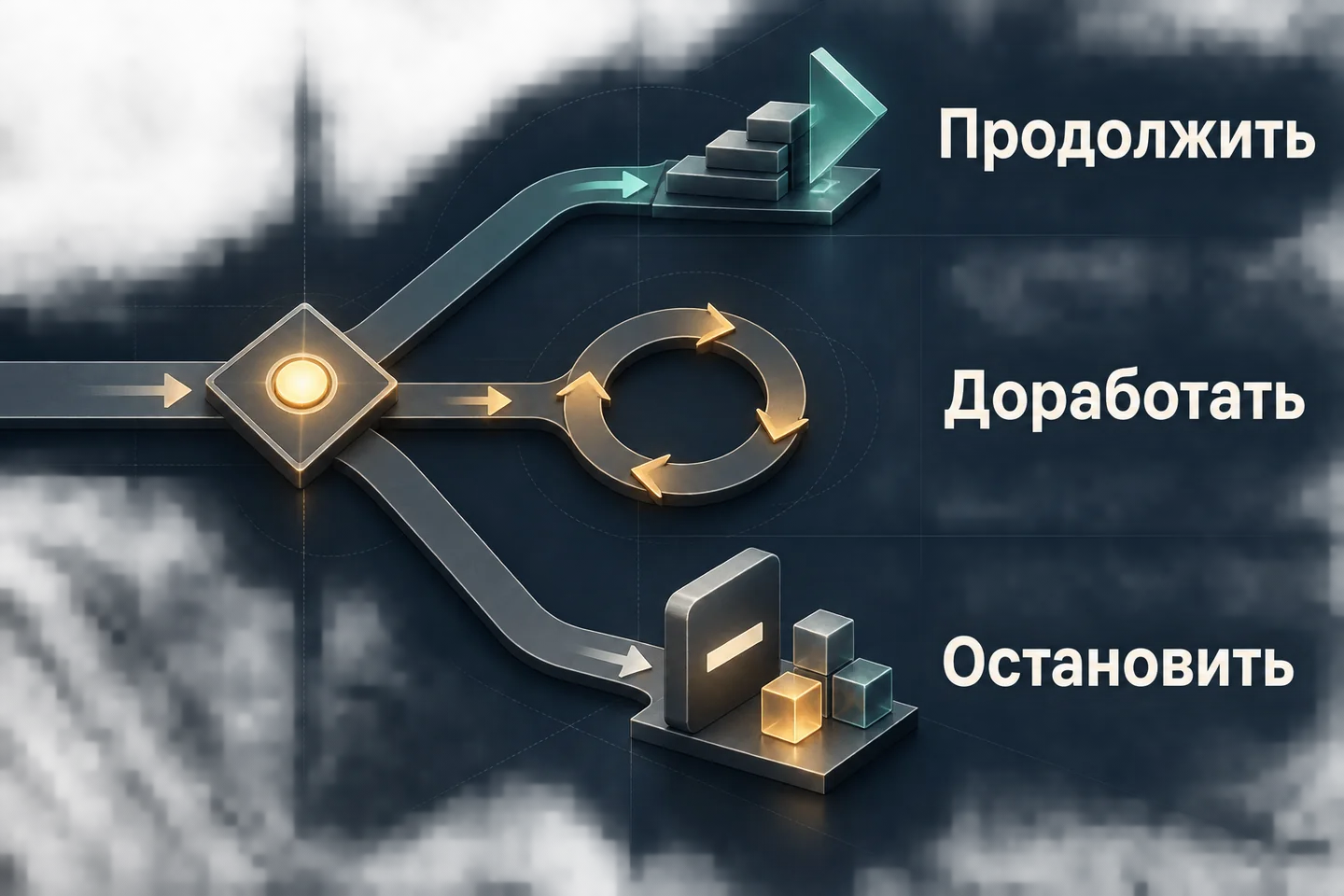 Из одной точки решения выходят три пути: продолжить, доработать или остановить